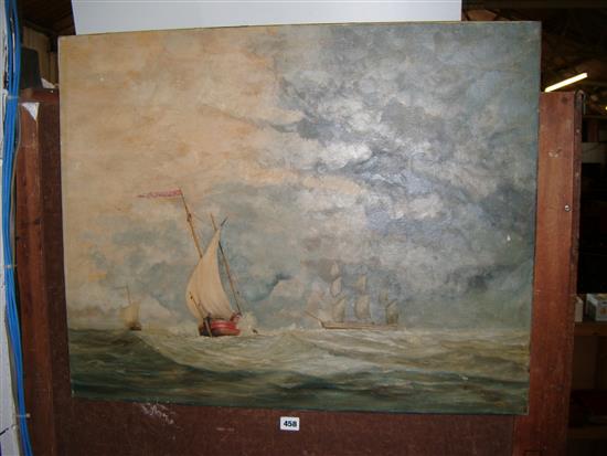 English School (20C), oil on canvas, sailing boats in a choppy sea